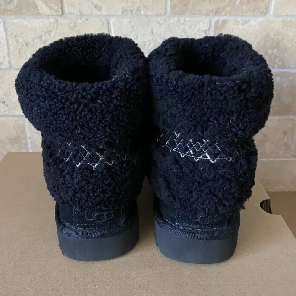 UGG BLACK MINI UGG BRAID SUEDE/ SHEEPSKIN WINTER BOOTS, WOMEN US 7/ EUR 38 NIB
